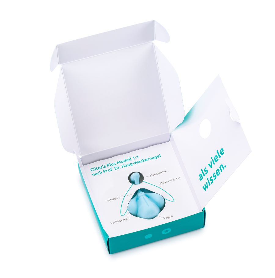 Clitoris Plus | 1:1-Modell in hellblau in Verpackung