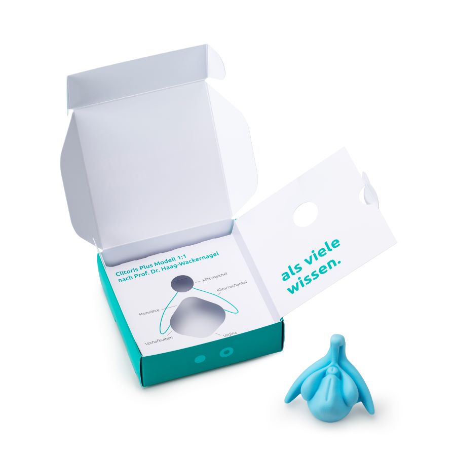 Clitoris Plus | 1:1-Modell in hellblau mit Verpackung